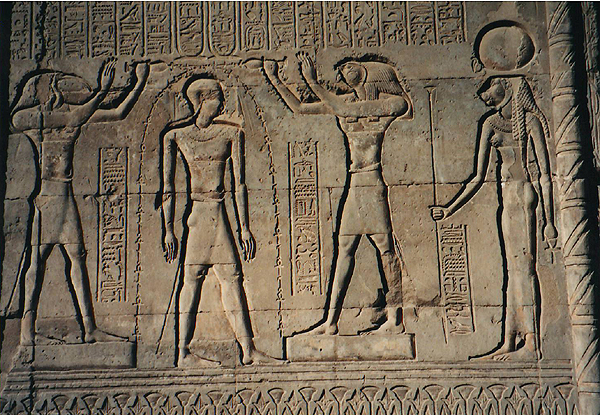 Esna, temple of Khnum, relief with Menhit, Thoth, and Horus