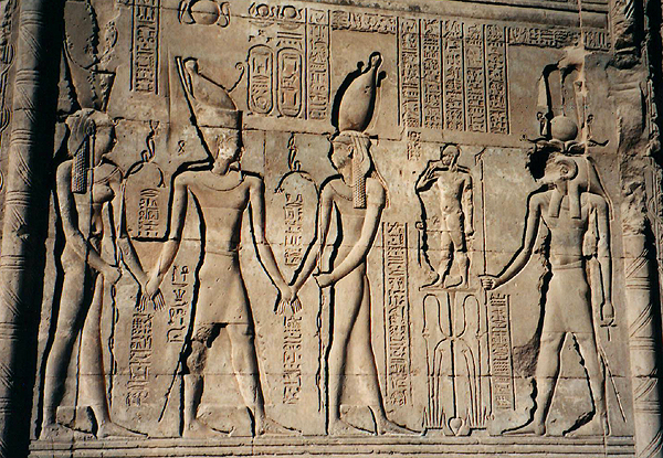 Esna, temple of Khnum, relief with Claudius, Wadjet, Nekhbet, Khnum, and Heka