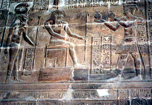 Esna, temple of Khnum, relief with Maat and Menhit